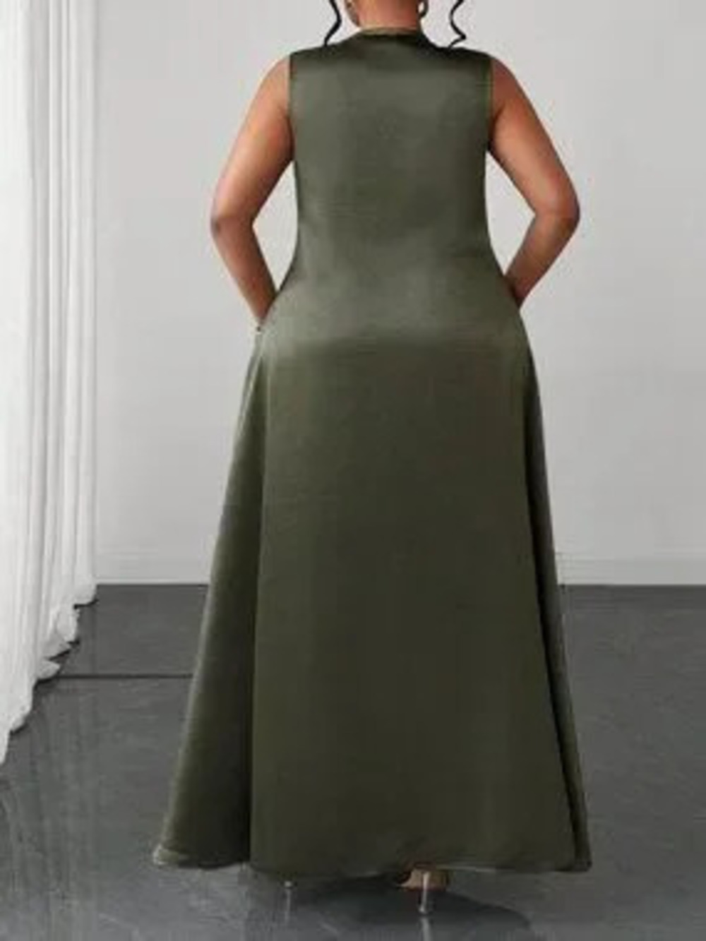 Olive Green Elegant Women's Plus Size Cowl Neck Sleeveless Dress - Picture 4 of 7